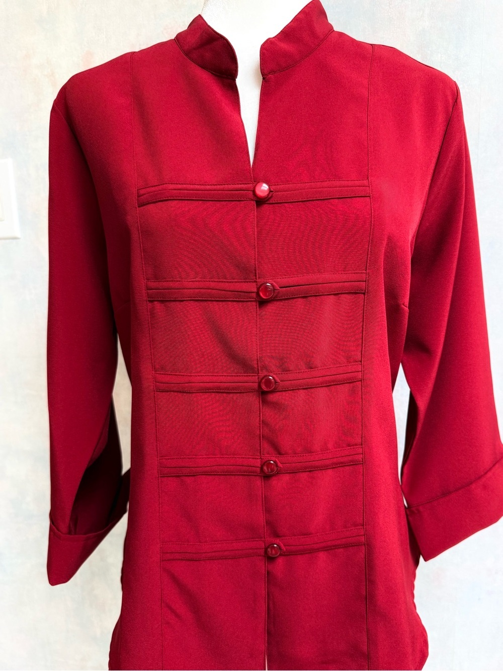Dress Barn Red Career Mandarine Collar Beautiful Front Button Detail, 3/4 Sleeve